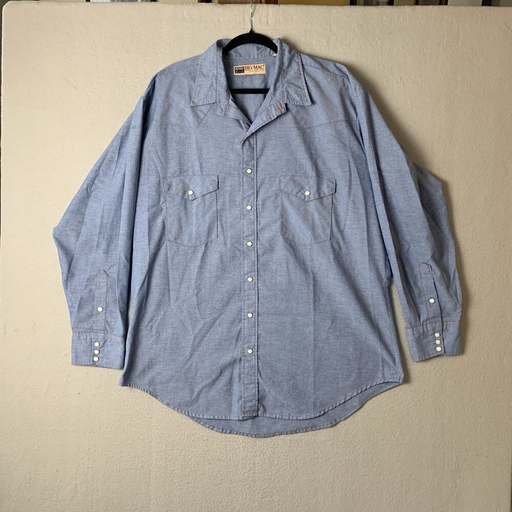 Big Mac Shirt Men 2XLT Tall Blue Chambray Cowboy Western Pearl Snap Y2K READ